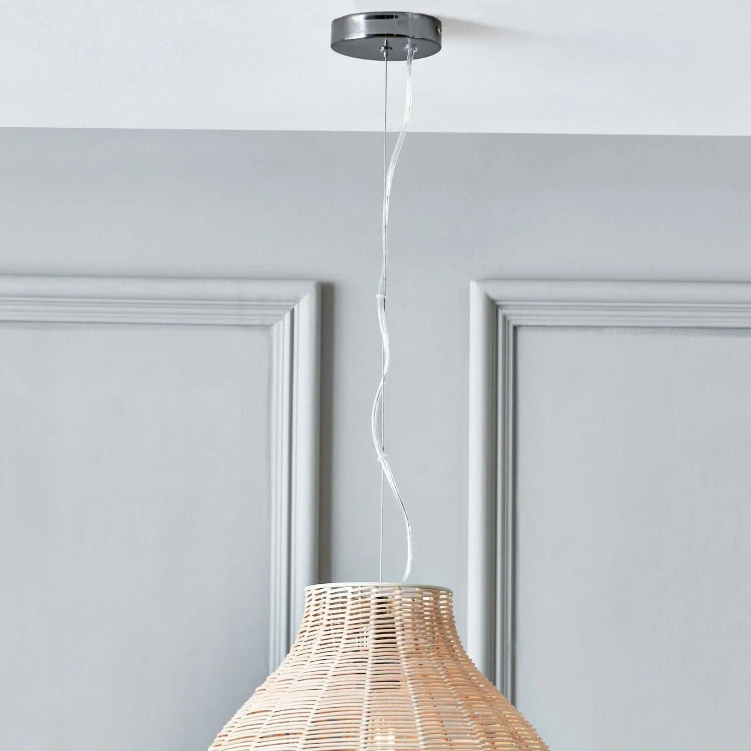 Brushed Chrome Pendant Ceiling Light Fitting with Clear Cable – E27 Dimmable Suspension Kit 95x10cm