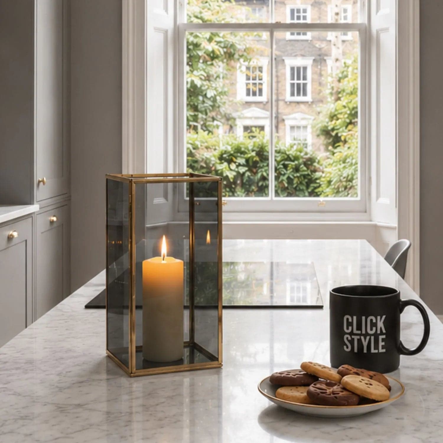 Brass Hurricane Lantern with Smoked Glass Panels – Decorative Square Brass Candle Lantern 26x14x14cm