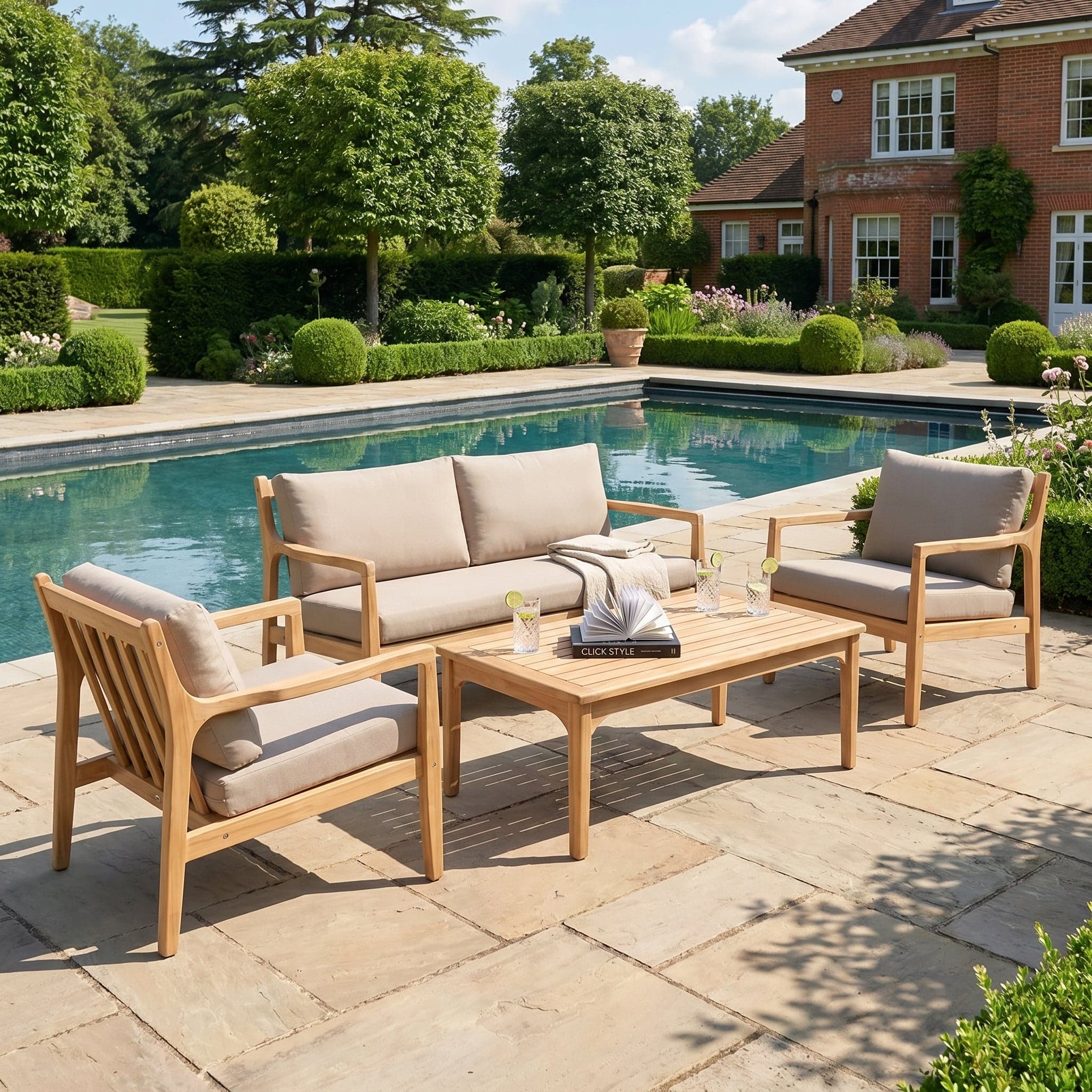 Neutral Beige Taupe Outdoor Garden Sofa Set with Cushions, 2 Armchairs & Rectangular Coffee Table – Acacia Wood 4-Seater Lounge Set